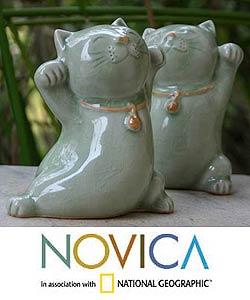 Good Luck Cats Maneki Neko Fortune Felines Set of Two Green Celadon Ceramic Animal Figurines Decor Accent Sculptures (Thailand)