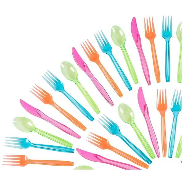 Plastic Silverware Set - 144-Piece Neon Cutlery in Green, Blue, Orange, and Pink