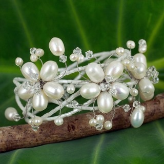 Garland Flowers of White Freshwater Pearls and Crystal Beads Perfect Bridal Adjustable Womens Fashion Cuff Bracelet (Thailand