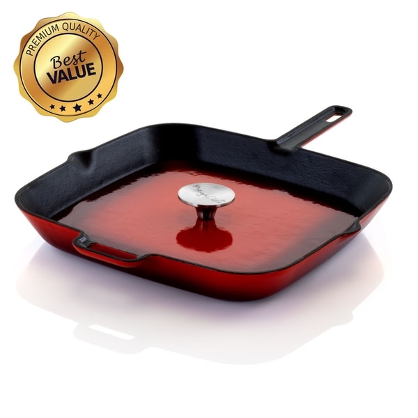 MegaChef 11 Inch Square Enamel Cast Iron Grill Pan in Red with Press