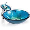 KRAUS Irruption Glass Vessel Sink in Blue with Single Hole Single-Handle Waterfall Faucet in Chrome
