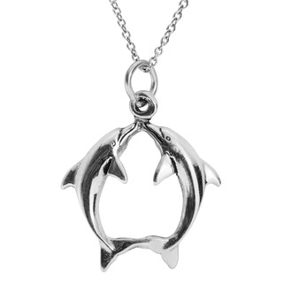 Journee Collection Sterling Silver Two Dolphin Circle Necklace
