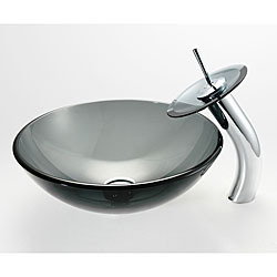 KRAUS Glass Vessel Sink in Black with Single Hole Single-Handle Waterfall Faucet in Chrome