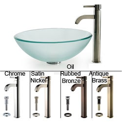 KRAUS Frosted Glass Vessel Sink in Clear with Single Hole Single-Handle Ramus Faucet in Chrome