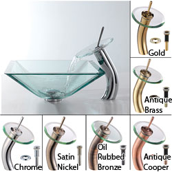 KRAUS Square Glass Vessel Sink in Clear with Waterfall Faucet in Oil Rubbed Bronze