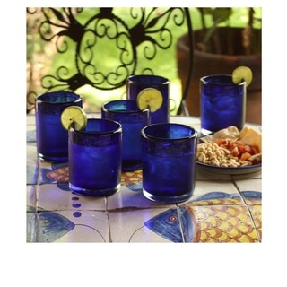 Hand Blown Set of 6 Blue Conical Drinking Glasses (Mexico)