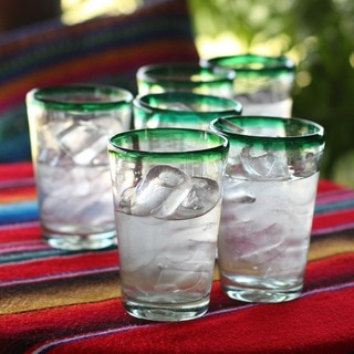 Hand Blown Set of 6 Green Rim Conical Drinking Glasses (MEXICO)