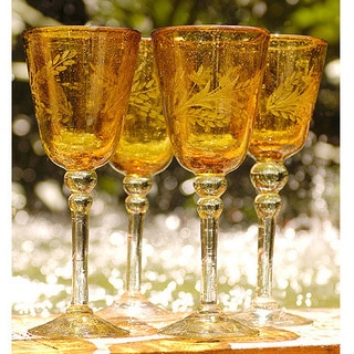 Hand Blown Amber Flowers set of 4 Etched wine glasses (MEXICO)