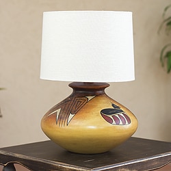 Archeology Light Burnished Ceramic Hand Painted Birds and Arrows Multicolor Graphic Artwork Decor Accent Table Lamp (Mexico)