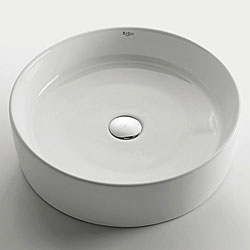 KRAUS Round Ceramic Vessel Bathroom Sink in White with Pop-Up Drain in Chrome