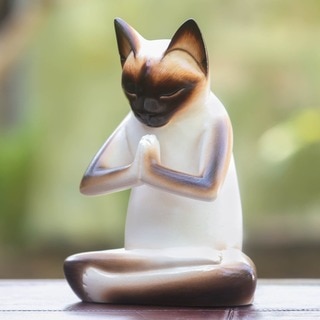 Kitty Meditates Handmade Cat Kitten Prayer Zen Buddhist White Black Feline Home Decor Desk Gift Wood Statuette (Indonesia)