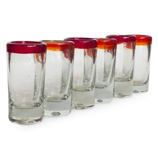 Ruby Clear with Red Rim Set of Six Barware or Casual Entertaining Collectible Handblown Shot Glasses (Mexico)