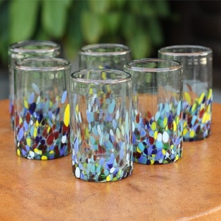 Set of 6 Hand Blown Glasses Confetti Multicolor Tumblers (Mexico)