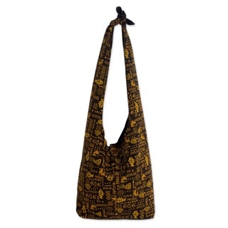 Hieroglyphs Dark Yellow Gold Batik on Brown Lined 100% Cotton Inner Pocket Adjustable Strap Womens Hobo Shoulder Bag (Thailand)