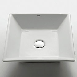 KRAUS Flat Square Ceramic Vessel Bathroom Sink in White with Pop-Up Drain in Chrome