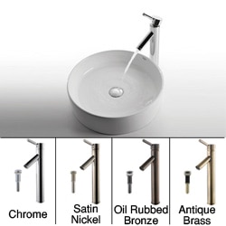 KRAUS Round Ceramic Vessel Sink in White with Sheven Faucet in Satin Nickel