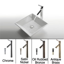 KRAUS Flat Square Ceramic Vessel Sink in White with Sheven Faucet in Satin Nickel