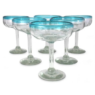 Set of 6 Hand Blown Glass Aquamarine Margarita Glasses (Mexico)