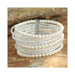 Tantalizing Rows of Crystal Beads and White Pearls on Stainless Steel Wire Adjustable Womens Fashion Cuff Bracelet (Thailand)