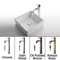 KRAUS Square Ceramic Vessel Sink in White with Ramus Faucet in Satin Nickel