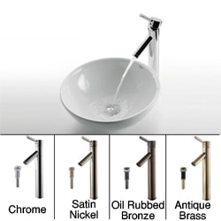 KRAUS Soft Round Ceramic Vessel Sink in White with Sheven Faucet in Satin Nickel