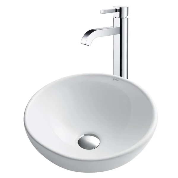 Kraus 3-in-1 Set White Round Ceramic Vessel Sink Ramus Faucet w/ Drain