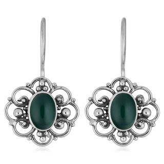 Silver Green Agate Floral Earrings (Indonesia)