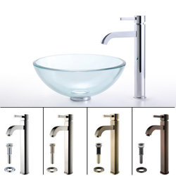 KRAUS Glass Vessel Sink with Single Hole Single-Handle Ramus Faucet in Chrome