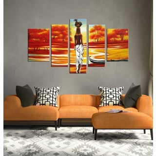 'African Scene' Hand-painted Oil on Canvas Art (Set of 5)