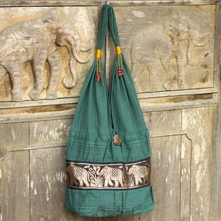 Handmade Cotton Emerald Thai Green/Gold Lined Interior Shoulder Bag (Thailand)