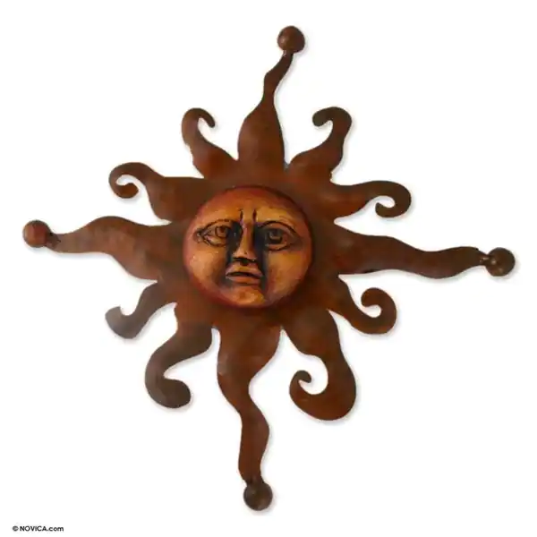Eternal Sun Indoor Outdoor Patio Decorator Accent Rustic Brown Ceramic Sun with Iron Rays Metal Wall Art Sculpture (Mexico)