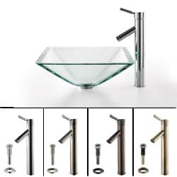 KRAUS Square Glass Vessel Sink in Clear with Sheven Faucet in Satin Nickel