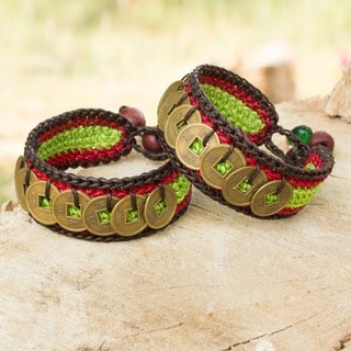 Good Luck Wealth Protection Feng Shui Chinese Brass Coins on Red Green Brown Pair of Crocheted Wristband Bracelets (Thailand)