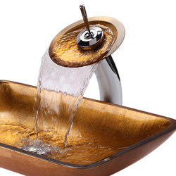 KRAUS Rectangular Glass Vessel Sink in Gold with Waterfall Faucet in Satin Nickel