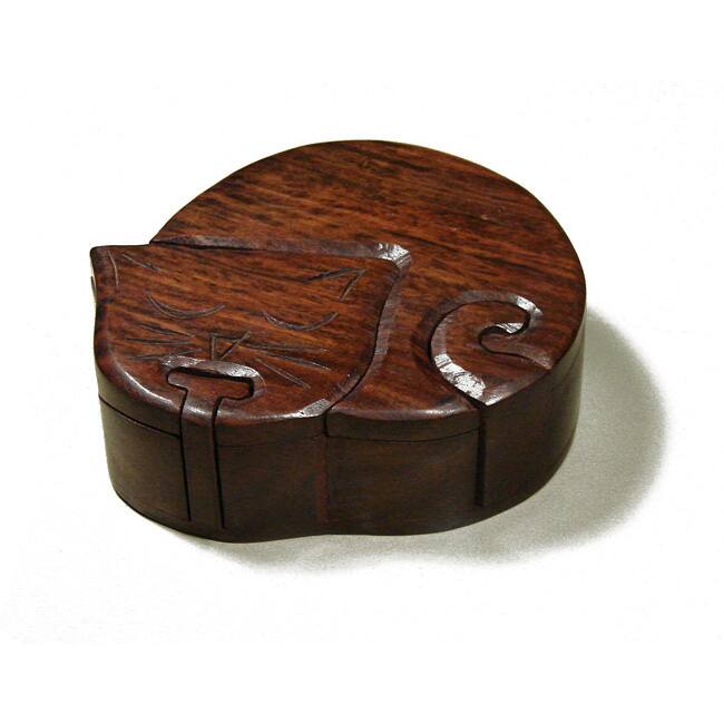 Handmade Wood Cat Puzzle Box with Hidden Compartments (India) - Brown
