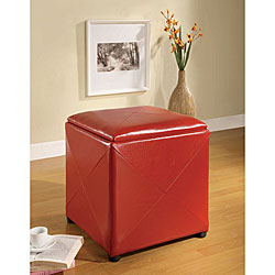 Red Synthetic Leather Storage Cube with Wood Serving Tray
