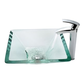 KRAUS Square Glass Vessel Sink in Clear with Visio Faucet in Chrome