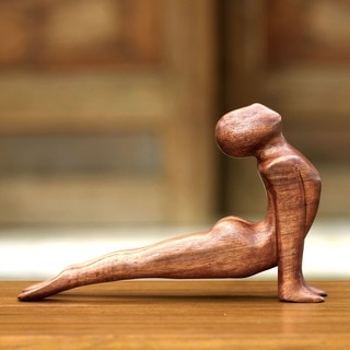 Yoga Cobra Pose Sleek Graceful Meditative Decorator Accent Brown Wood Hand Carved Modern Signed Art Work Sculpture (Indonesia)