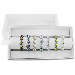 Miadora Silver and Elastic Multi-colored Cultured Freshwater Pearl Rings (Set of 7) (4-5 mm)