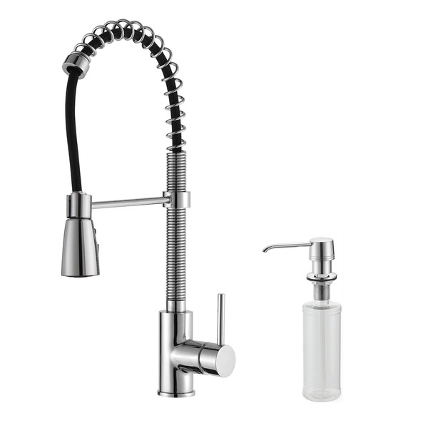 KRAUS Commercial-Style Single-Handle Kitchen Faucet with Pull Down Three-Function Sprayer and Soap Dispenser in Stainless Steel