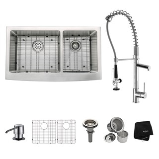KRAUS 33 Inch Farmhouse Double Bowl Stainless Steel Kitchen Sink with Commercial Style Kitchen Faucet and Soap Dispenser
