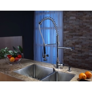 KRAUS 32 Inch Undermount Double Bowl Stainless Steel Kitchen Sink with Commercial Style Kitchen Faucet and Soap Dispenser