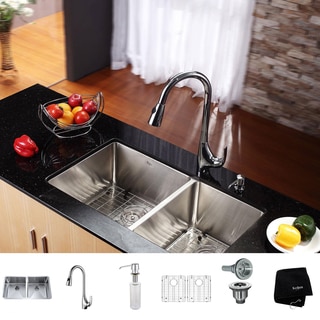KRAUS 33 Inch Undermount Double Bowl Stainless Steel Kitchen Sink with High Arch Pull DownKitchen Faucet and Soap Dispenser