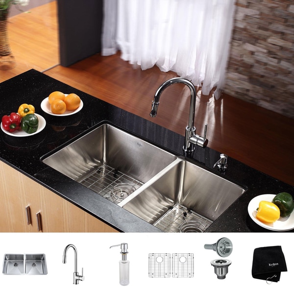 KRAUS 33 Inch Undermount Double Bowl Stainless Steel Kitchen Sink with Pull Down Kitchen Faucet and Soap Dispenser