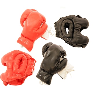 Adult-sized Buffed-PVC Boxing Gloves and Head Gear (Set of Two)