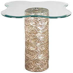 Hand Rubbed Silver Leaf Finish Flower Glass Accent Table