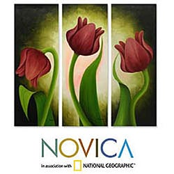 Handamde Mariana Gonzalez Red Tulips Canvas Triptych Original Art (Mexico)