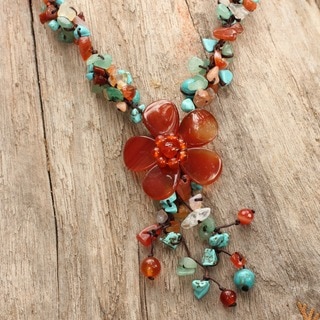 Handmade Agate and Carnelian Summer Flower Multicolor Floral Pattern Necklace (Thailand)