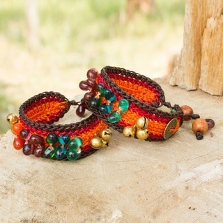 Bold Orange Fortune Multicolor Beads Brass Bells and Good Luck Coins on Pair of Womens Crocheted Wristband Bracelets (Thailand)