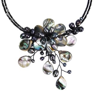 Memory Wire Black Shell and Freshwater Pearl Flower Necklace (Thailand)